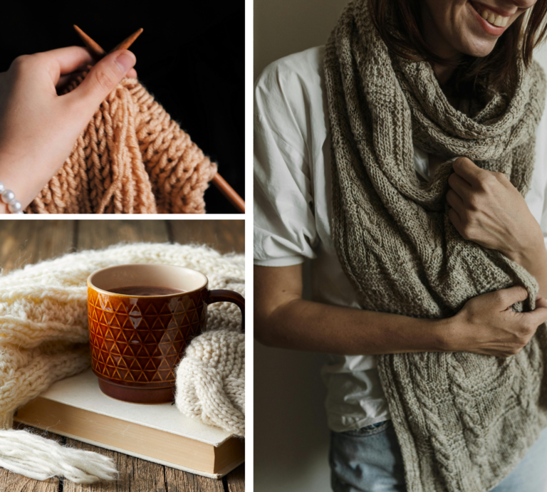Hand mit Perlenarmband strickt beige Wolle im Rippenmuster, rechts Frau mit Schal, unten Tasse auf Strickstück. | © Canva [M]