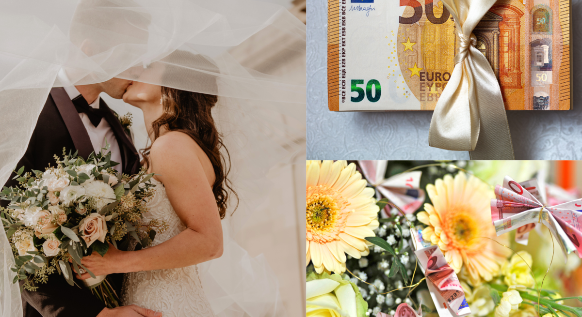 Brautpaar küsst sich unter dem Schleier, daneben ein Geldgeschenk mit Schleife und ein Blumenstrauß aus Geldscheinen und Gerbera.