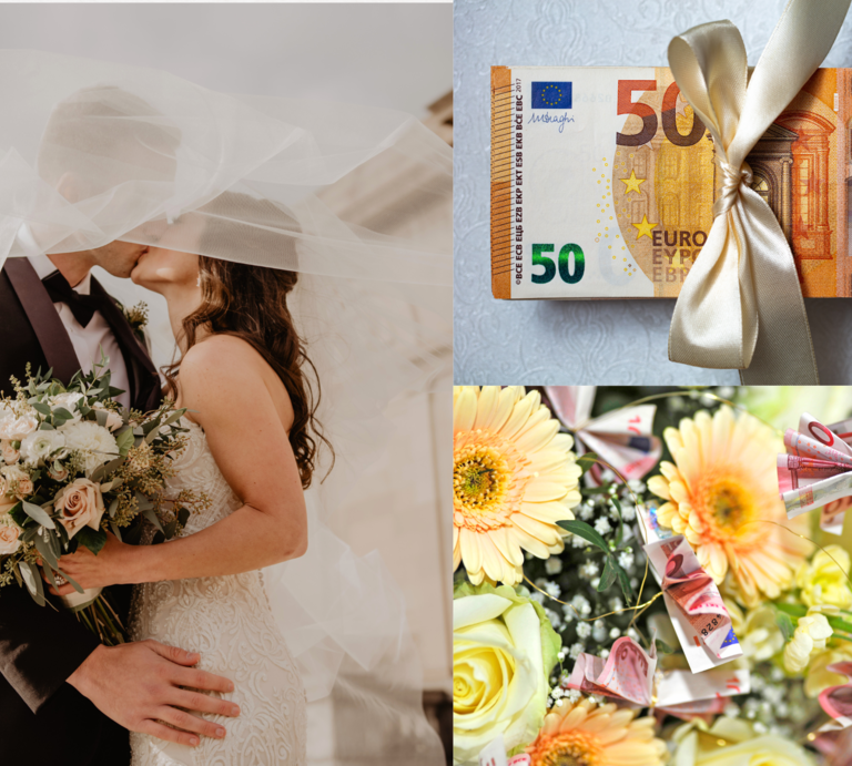 Brautpaar küsst sich unter dem Schleier, daneben ein Geldgeschenk mit Schleife und ein Blumenstrauß aus Geldscheinen und Gerbera. | © Canva/Collage:bildderfrau.de