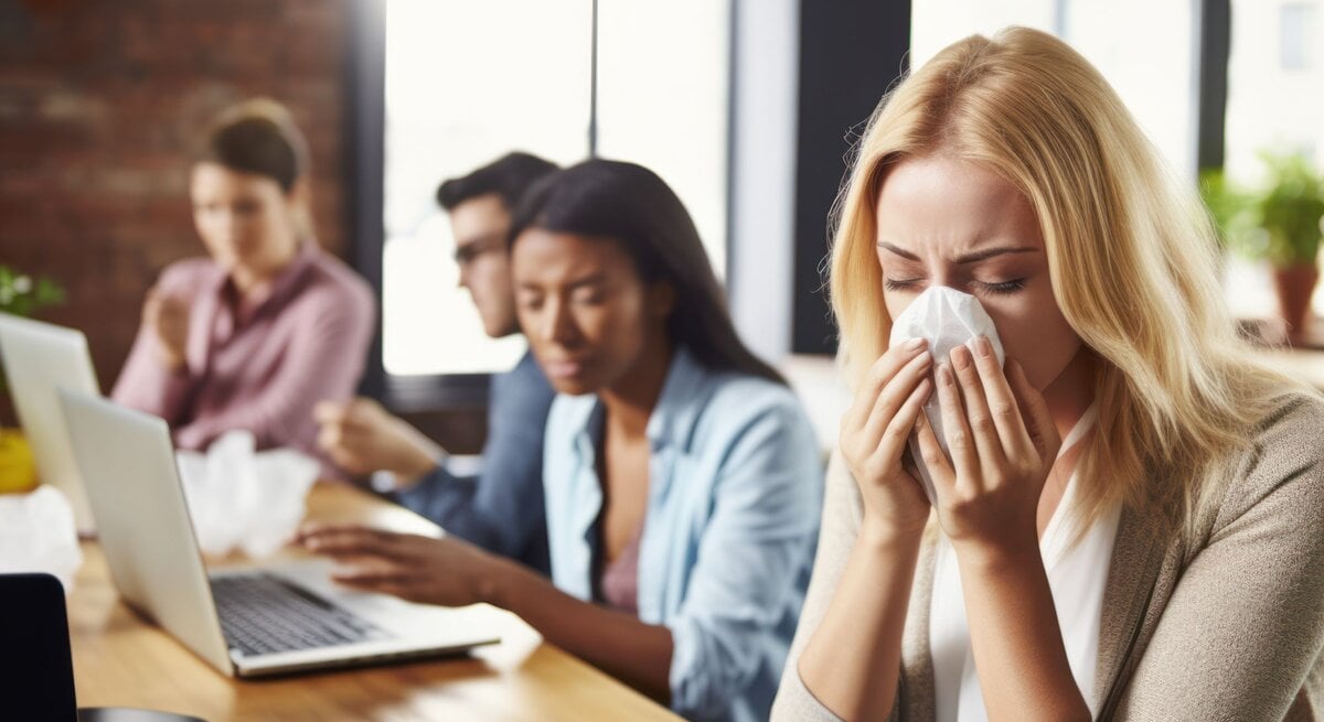 Eine junge blonde Frau mit Taschentuch niest an einem Schreibtisch in einem Büro, im Hintergrund arbeiten drei weitere Personen an Laptops.