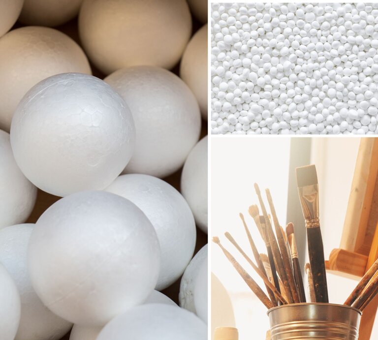 Nahaufnahme von weißen Styroporkugeln, lose angeordnet, daneben Styroporgranulat und ein Becher mit Pinseln vor Staffelei. | © Collage: BILD der FRAU, Canva