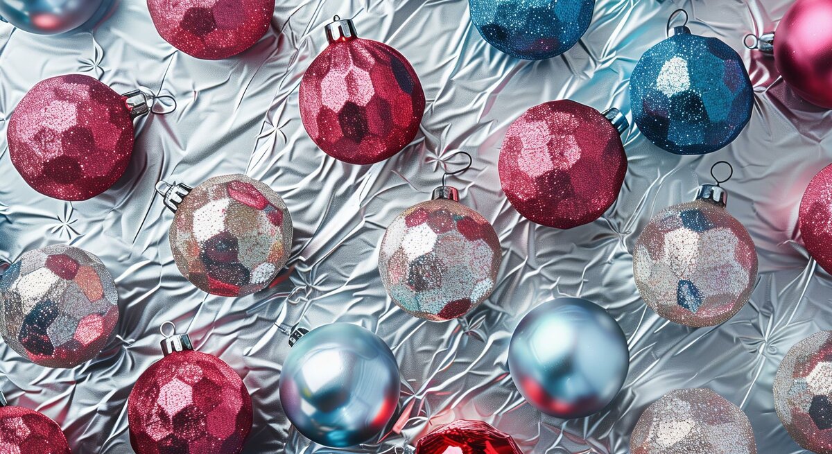 Glänzende Weihnachtskugeln in Rot, Blau und Silber liegen dekorativ auf zerknitterter Alufolie.
