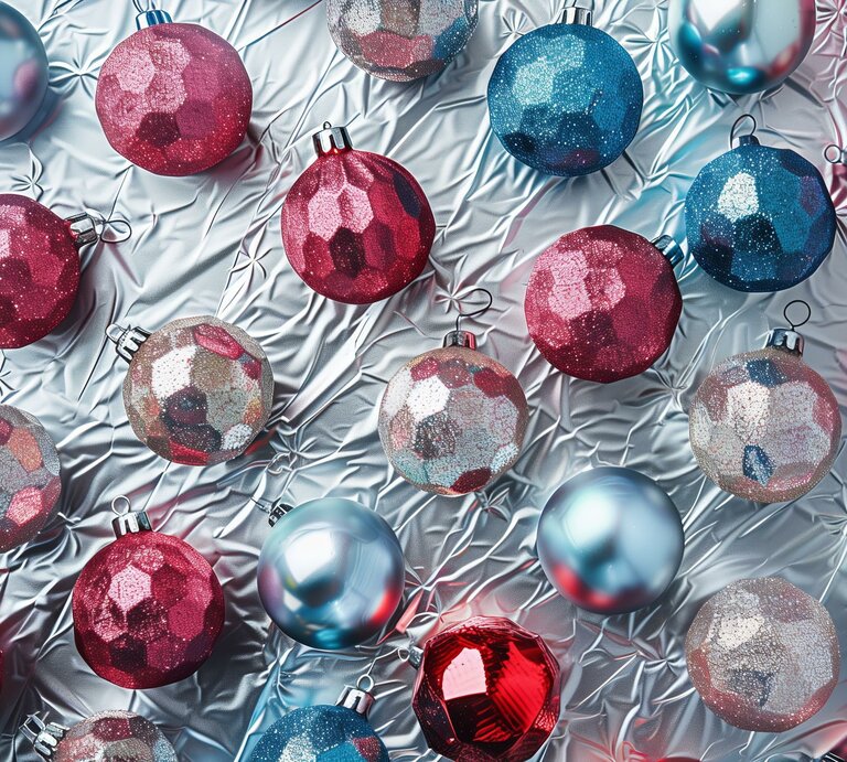 Glänzende Weihnachtskugeln in Rot, Blau und Silber liegen dekorativ auf zerknitterter Alufolie. | © Adobe Stock/World of AI (KI-generiert)