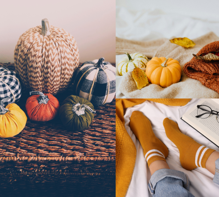 Herbstliche Kürbisse aus Socken, warme Decken, bunte Blätter und Füße in ockerfarbenen Socken neben Buch und Brille auf Bett. | © Canva/Collage:bildderfrau.de