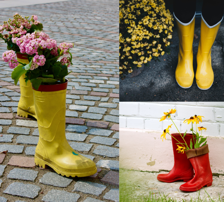 Zwei gelbe Gummistiefel mit pinken Blumen auf Pflastersteinen, daneben rote Stiefel mit Sonnenhutblüten vor heller Wand. | © Canva/Collage: bildderfrau.de