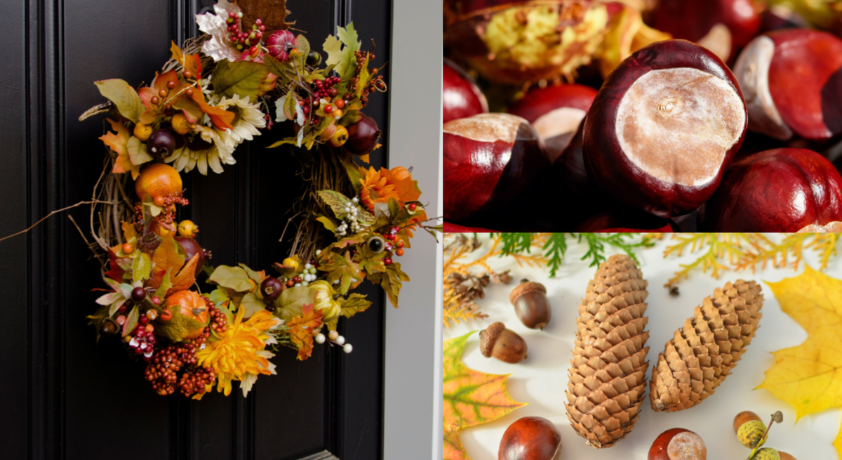 Herbstkranz mit Kastanien an dunkler Tür, daneben glänzende Kastanien, Tannenzapfen, Eicheln und buntes Laub auf hellem Untergrund arrangiert.