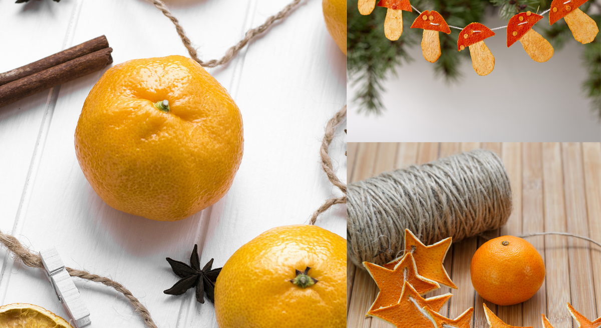 Selbstgemachte DIY-Ddeko aus Mandarinen in Stern- und Pilzform neben Mandarinen, Gewürzen und Garn auf Holzflächen.