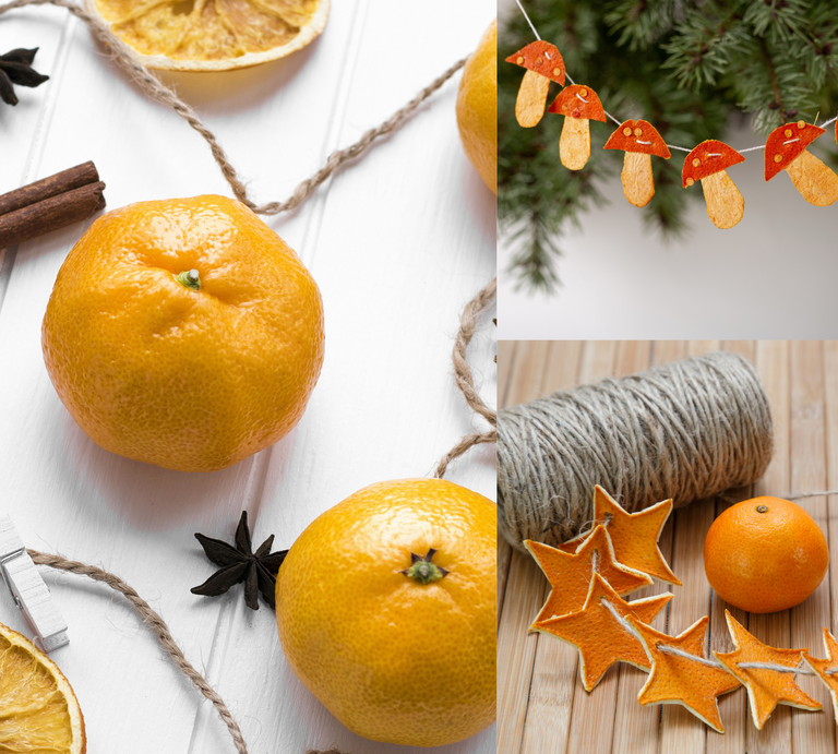 Selbstgemachte DIY-Ddeko aus Mandarinen in Stern- und Pilzform neben Mandarinen, Gewürzen und Garn auf Holzflächen. | © Shutterstock/ Studio number 94/Elena Chevalier/ TatianaMara/Canva/Collage:bildderfrau.de