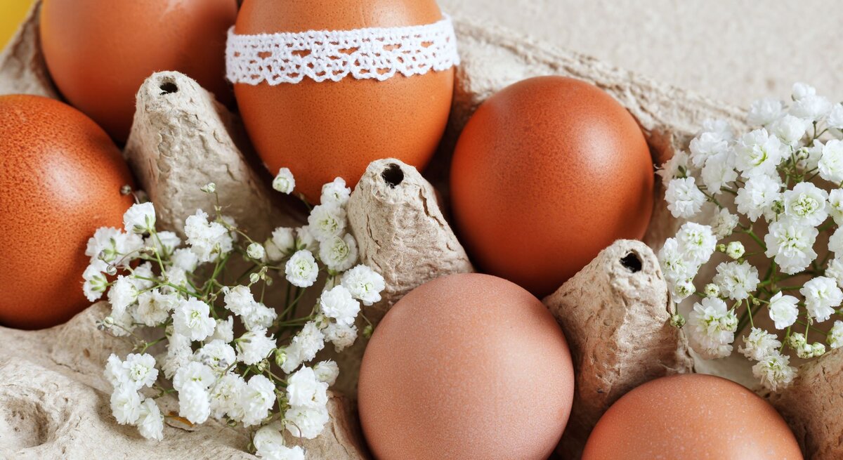 Ein Eierkarton aus Pappe enthält mehrere braune Eier. Eines der Eier ist mit einer dekorativen weißen Spitzenborte umwickelt. Zwischen den Eiern sind kleine Zweige mit weißen Blüten drapiert, was dem Ganzen eine frühlingshafte und österliche Atmosphäre verleiht. Der Hintergrund ist gelb, was den warmen, fröhlichen Charakter der Komposition betont.