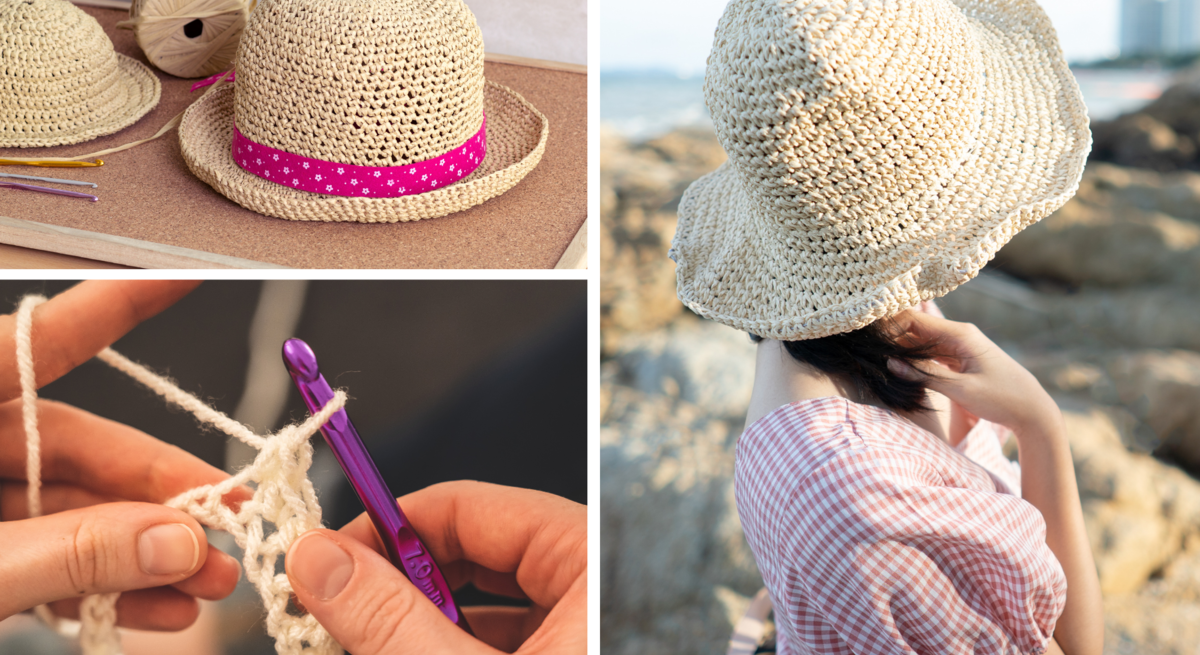Eine Frau in rosa Karokleid blickt aufs Meer, trägt einen gehäkelten Strohhut mit breiter Krempe bei sonnigem Wetter.