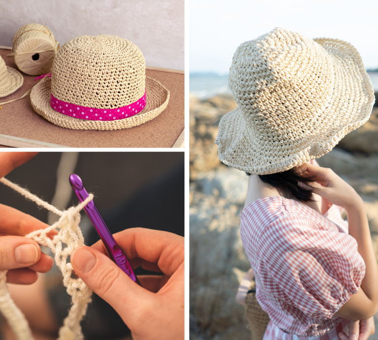 Eine Frau in rosa Karokleid blickt aufs Meer, trägt einen gehäkelten Strohhut mit breiter Krempe bei sonnigem Wetter. | © Canva [M]