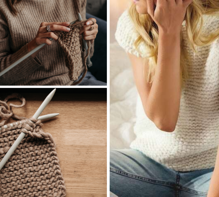 Frau mit braunem Wollpullover strickt mit großen Nadeln grobes beiges Strickstück aus dicker Wolle, im Hintergrund eine gemütliche Atmosphäre. | © Gräfe und Unzer Verlag/ Fotograf: Markus Burke, Canva [M]