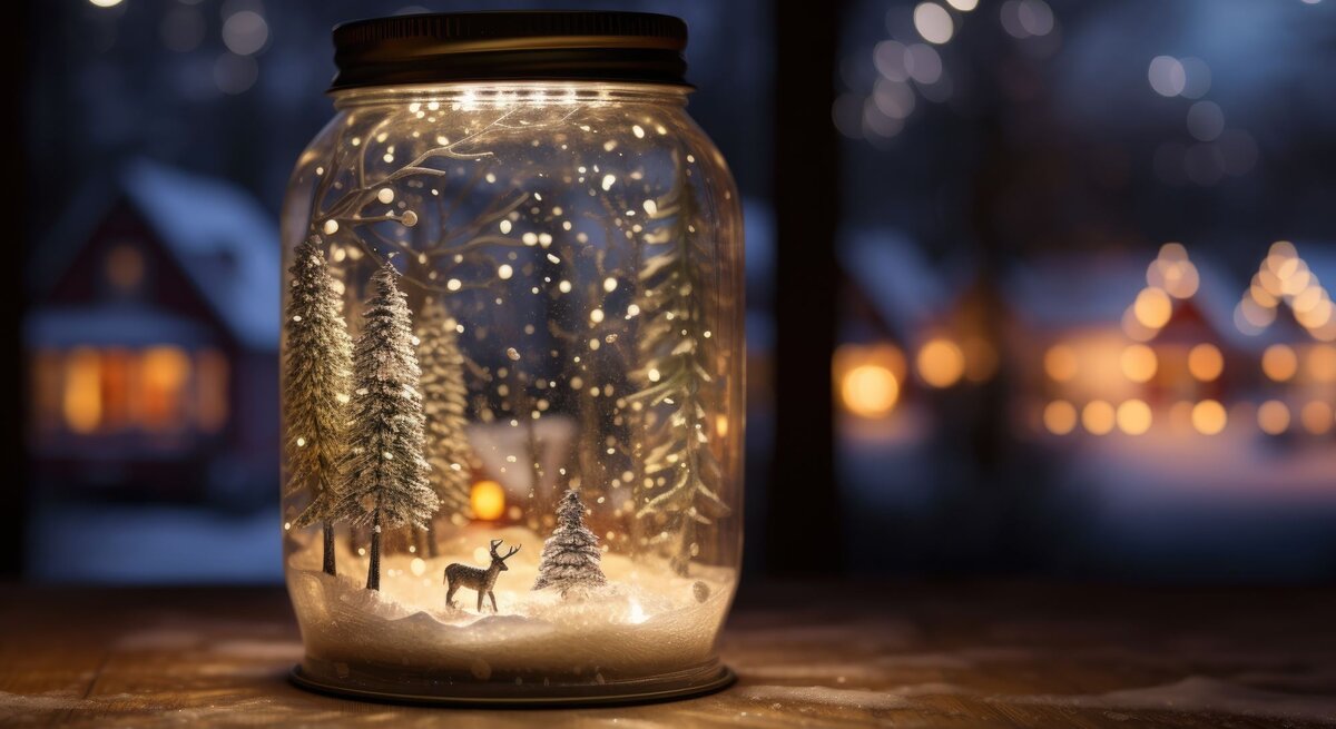Ein Einmachglas mit einer Miniaturlandschaft aus verschneiten Tannen und einem Hirsch steht leuchtend vor winterlichem Dorf im Hintergrund.