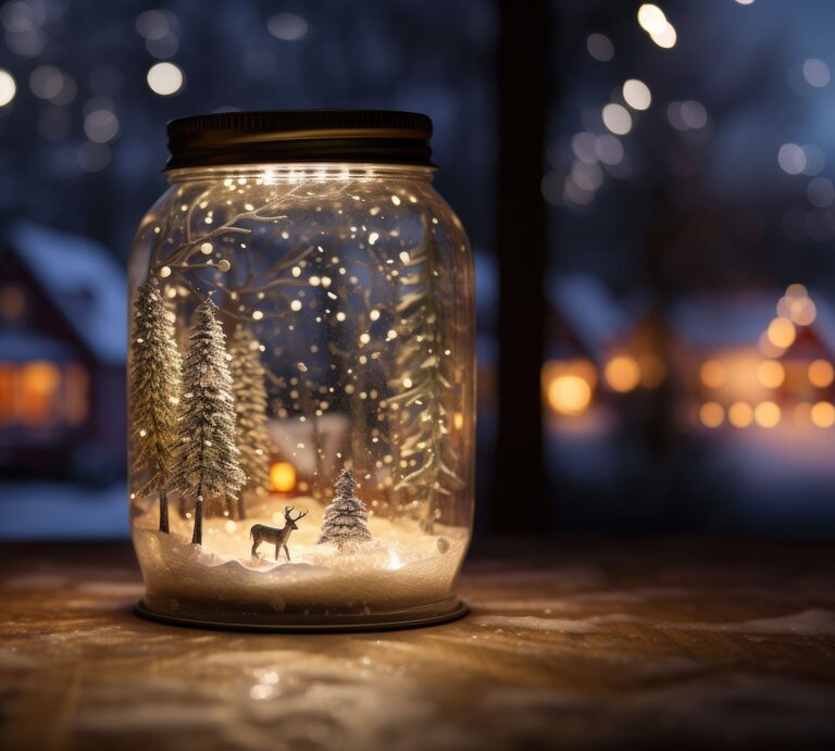 Ein Einmachglas mit einer Miniaturlandschaft aus verschneiten Tannen und einem Hirsch steht leuchtend vor winterlichem Dorf im Hintergrund. | © AdobeStock/Mr. Bolota
