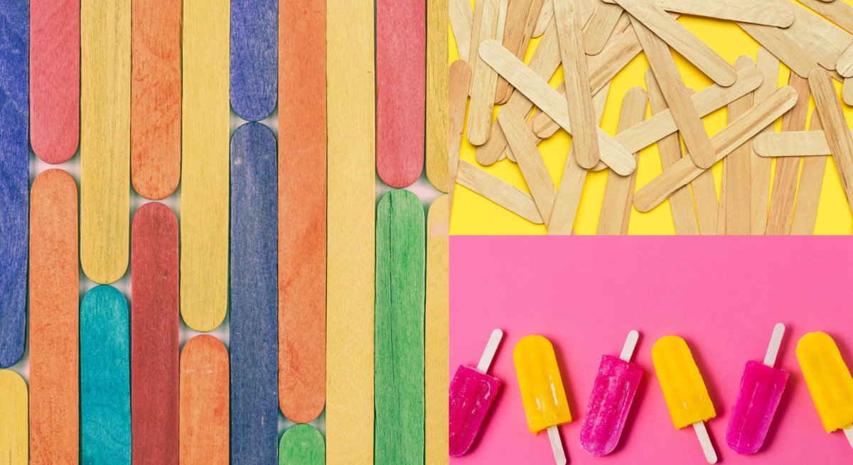 Bunte Eisstiele liegen geordnet, lose verstreut und als pink-gelbe Eis am Stiel auf knallig pink-gelb geteiltem Hintergrund.