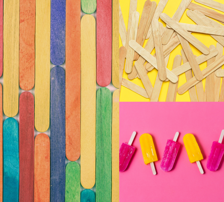Bunte Eisstiele liegen geordnet, lose verstreut und als pink-gelbe Eis am Stiel auf knallig pink-gelb geteiltem Hintergrund. | © Canva/Collage:bildderfrau.de