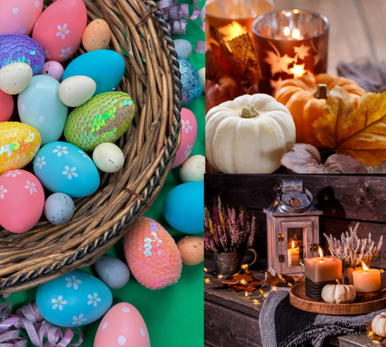 Bunter Osterkorb mit glitzernden Eiern trifft auf herbstliche Kürbisse, Kerzenlicht, Trockenblumen und Deko auf dunklem Holz. | © Canva/Collage:bildderfrau.de