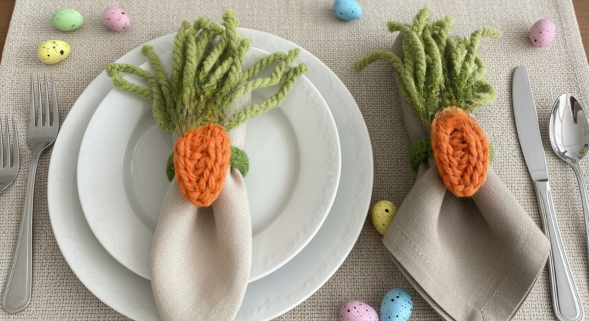 Osterliche Tischdekoration mit gehäkelten Karotten als Serviettenringen, pastellfarbigen Eiern und einem Tulpenstrauß in einer Glasvase.