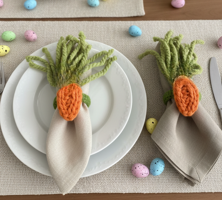 Osterliche Tischdekoration mit gehäkelten Karotten als Serviettenringen, pastellfarbigen Eiern und einem Tulpenstrauß in einer Glasvase. | © Canva / AI [M]