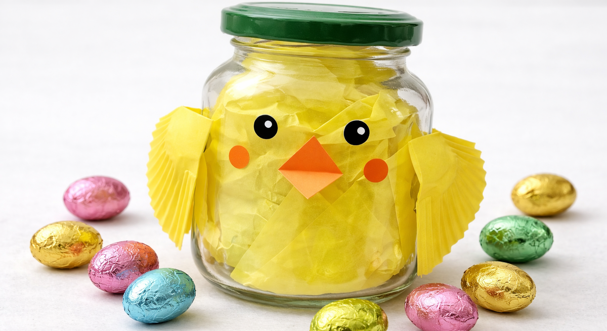 Küken-Geschenkverpackung: Glas mit grünem Deckel zeigt gelbes Papierküken mit Augen und orangem Schnabel, umgeben von bunten Eiern.