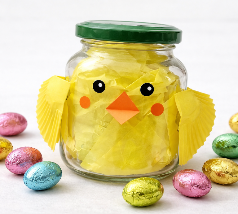 Küken-Geschenkverpackung: Glas mit grünem Deckel zeigt gelbes Papierküken mit Augen und orangem Schnabel, umgeben von bunten Eiern. | © Generiert mit KI (Erstellt mit ChatGPT) 