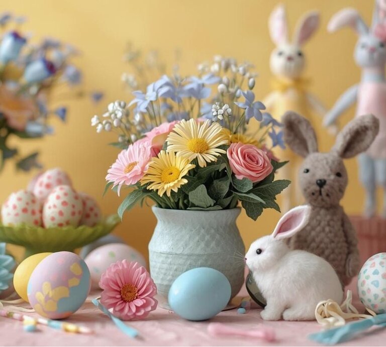 Bunte Osterdekoration mit bemalten Eiern, frischen Blumen in einer Vase, einem weißen Plüschhasen und einem gehäkelten Hasen vor gelbem Hintergrund. Im Hintergrund stehen zwei weitere dekorative Hasenfiguren. | © Canva.com (KI generiert) 