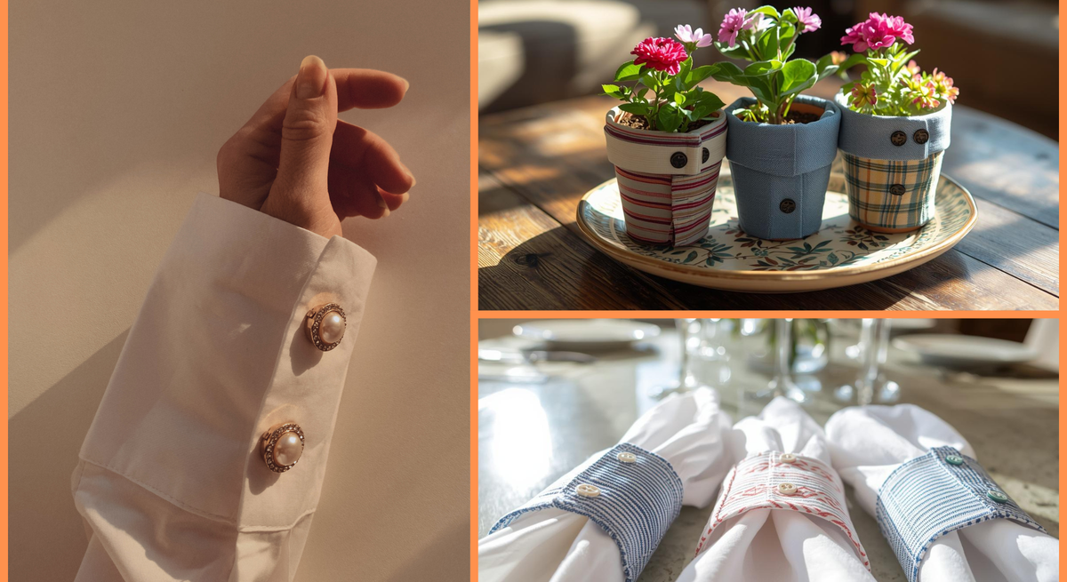 Eine Collage zeigt links eine Hand mit cremefarbenem Hemd und Perlenknöpfen, rechts oben Blumen in Stofftöpfen auf einem Holztisch, rechts unten Stoffserviettenringe.