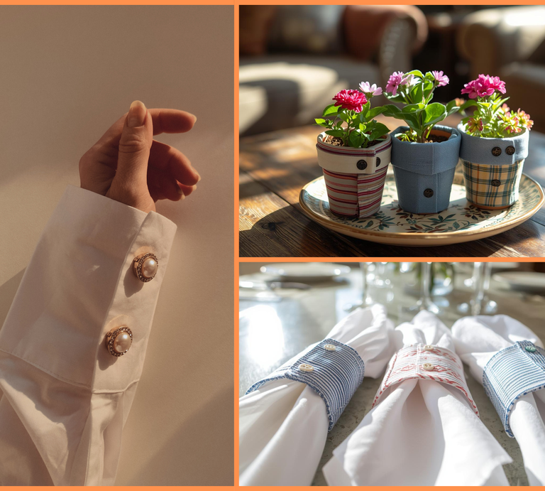 Eine Collage zeigt links eine Hand mit cremefarbenem Hemd und Perlenknöpfen, rechts oben Blumen in Stofftöpfen auf einem Holztisch, rechts unten Stoffserviettenringe. | © Canva / AI [M]