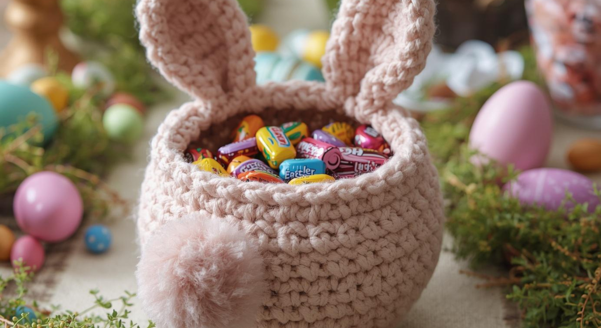Ein gehäkeltes Körbchen mit Hasenohren, gefüllt mit bunter Oster-Süßigkeiten, steht von Eiern und Frühlingsgrün umgeben auf einem Tisch.