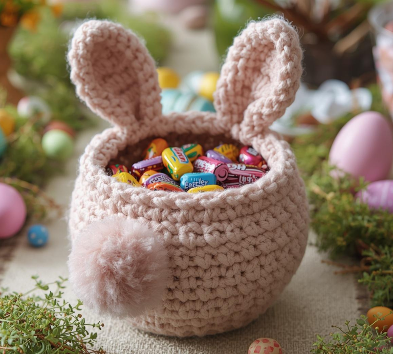 Ein gehäkeltes Körbchen mit Hasenohren, gefüllt mit bunter Oster-Süßigkeiten, steht von Eiern und Frühlingsgrün umgeben auf einem Tisch. | © Canva / AI [M]