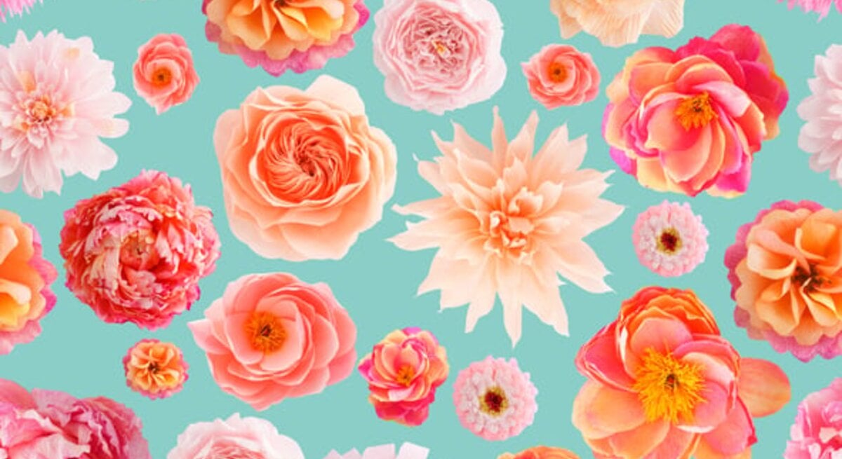Verschiedene handgebastelte Papierblumen in Rosa-, Creme- und Orangetönen auf blauem Hintergrund.