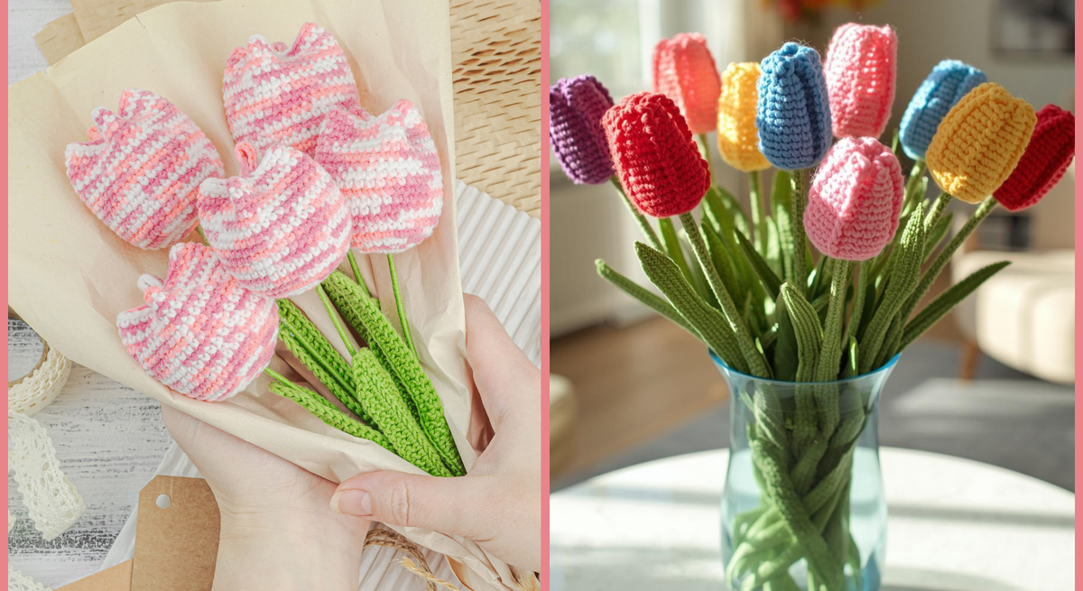 Collage aus gehäkelten Blumen: Links ein Strauß rosa-weiß melierter Tulpen in Papier, rechts bunter Tulpenstrauß in Glasvase.
