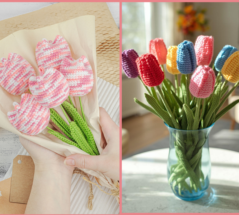 Collage aus gehäkelten Blumen: Links ein Strauß rosa-weiß melierter Tulpen in Papier, rechts bunter Tulpenstrauß in Glasvase. | © Canva / AI [M]