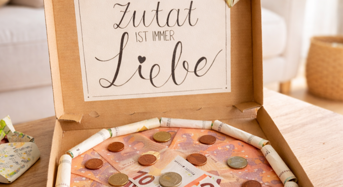 Offene Pizzaschachtel mit Geldpizza aus Euro-Scheinen und Münzen, im Deckel der Spruch „Die geheime Zutat ist immer Liebe“.