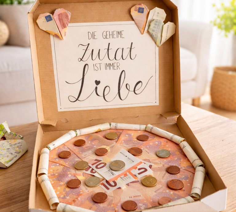 Offene Pizzaschachtel mit Geldpizza aus Euro-Scheinen und Münzen, im Deckel der Spruch „Die geheime Zutat ist immer Liebe“. | © Generiert mit KI (Erstellt mit ChatGPT) 