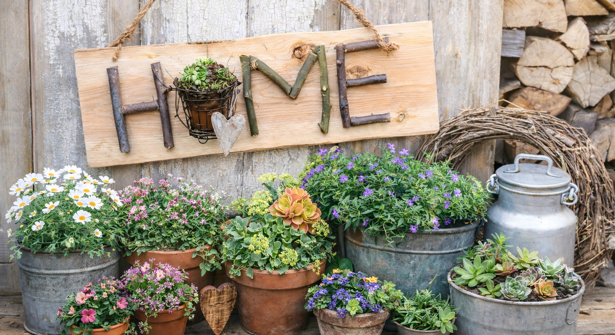 Rustikales Willkommensschild mit Zweigen geformtem Schriftzug "HOME", umgeben von bunten Blumen in Töpfen vor verwitterter Holzwand