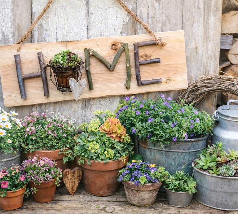 Rustikales Willkommensschild mit Zweigen geformtem Schriftzug "HOME", umgeben von bunten Blumen in Töpfen vor verwitterter Holzwand | © Generiert mit KI (Erstellt mit ChatGPT) 