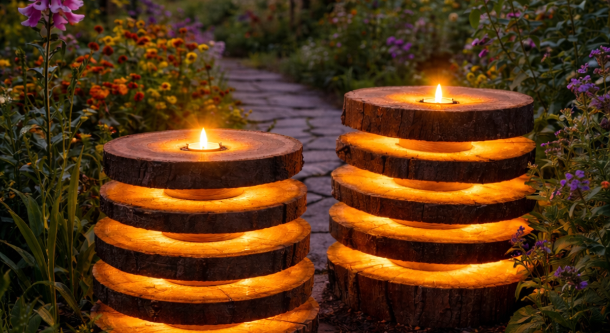Zwei rustikale Solarlampen aus Holz  mit Kerzen strahlen am Gartenweg, eingerahmt von üppigen Blumen, Lichtergirlande und idyllischem Abendhimmel.