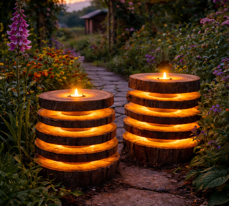 Zwei rustikale Solarlampen aus Holz  mit Kerzen strahlen am Gartenweg, eingerahmt von üppigen Blumen, Lichtergirlande und idyllischem Abendhimmel. | © Erstellt mit KI (Generiert mit ChatGPT) 