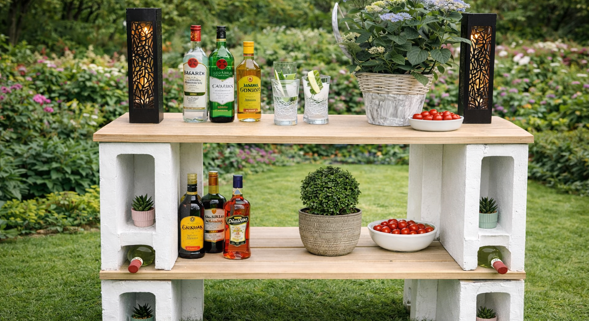 Rustikale Bar Möbel aus Holz und Betonsteinen mit Flaschen, Gläsern mit Limetten, Hortensie und Tomaten in üppigem Garten.