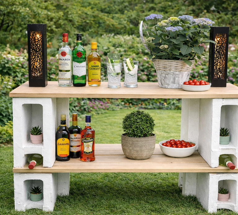 Rustikale Bar Möbel aus Holz und Betonsteinen mit Flaschen, Gläsern mit Limetten, Hortensie und Tomaten in üppigem Garten. | © Madeleine Lieke/ Generiert mit Chat GPT