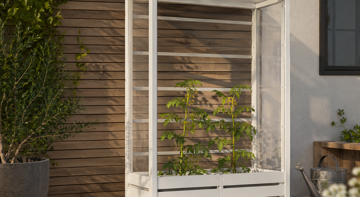 Ein weißes Gewächshaus mit transparenten Wänden steht auf Rollen vor Holzfassade, darin wachsen grüne Tomatenpflanzen.