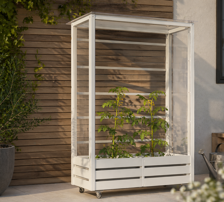 Ein weißes Gewächshaus mit transparenten Wänden steht auf Rollen vor Holzfassade, darin wachsen grüne Tomatenpflanzen. | © Generiert mit KI (Erstellt mit ChatGPT) 
