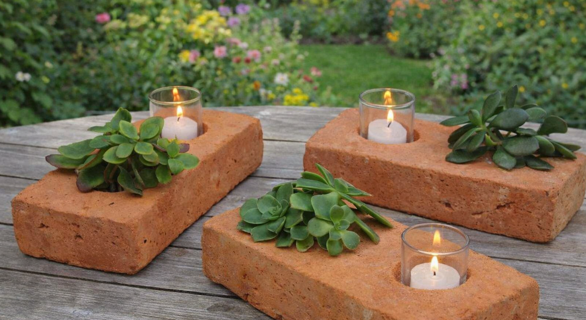 Ziegelsteine als Kerzenhalter mit Teelichtern und Sukkulenten ruhig auf Holztisch, vor üppigem Garten mit bunten Blumen.