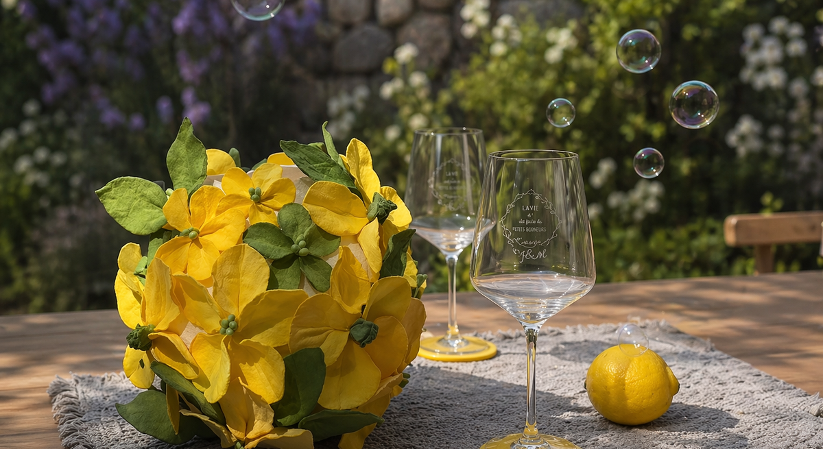 Gelbe Blumen-Dekoschale mit grünen Blättern auf rustikalem Tisch, daneben zwei elegante Gläser und Zitrone, schwebende Seifenblasen im Garten