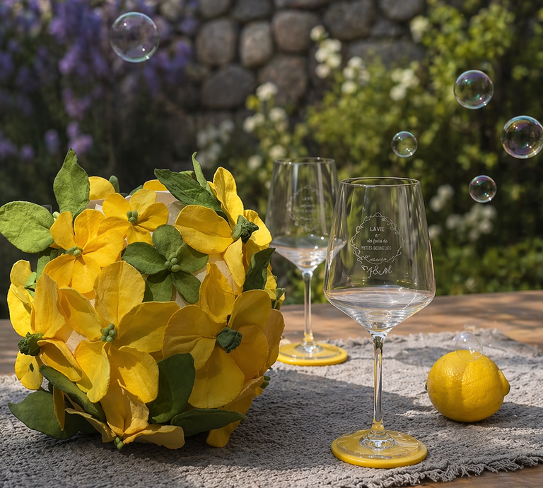 Gelbe Blumen-Dekoschale mit grünen Blättern auf rustikalem Tisch, daneben zwei elegante Gläser und Zitrone, schwebende Seifenblasen im Garten | © Erstellt mit KI (Generiert mit ChatGPT) 
