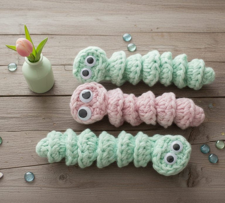 Bunte Häkelwürmer mit großen Augen, arrangiert auf hellem Holz, gemeinsam mit einem Keramikväschen und dekorativen Glassteinen. | © Canva / AI [M]