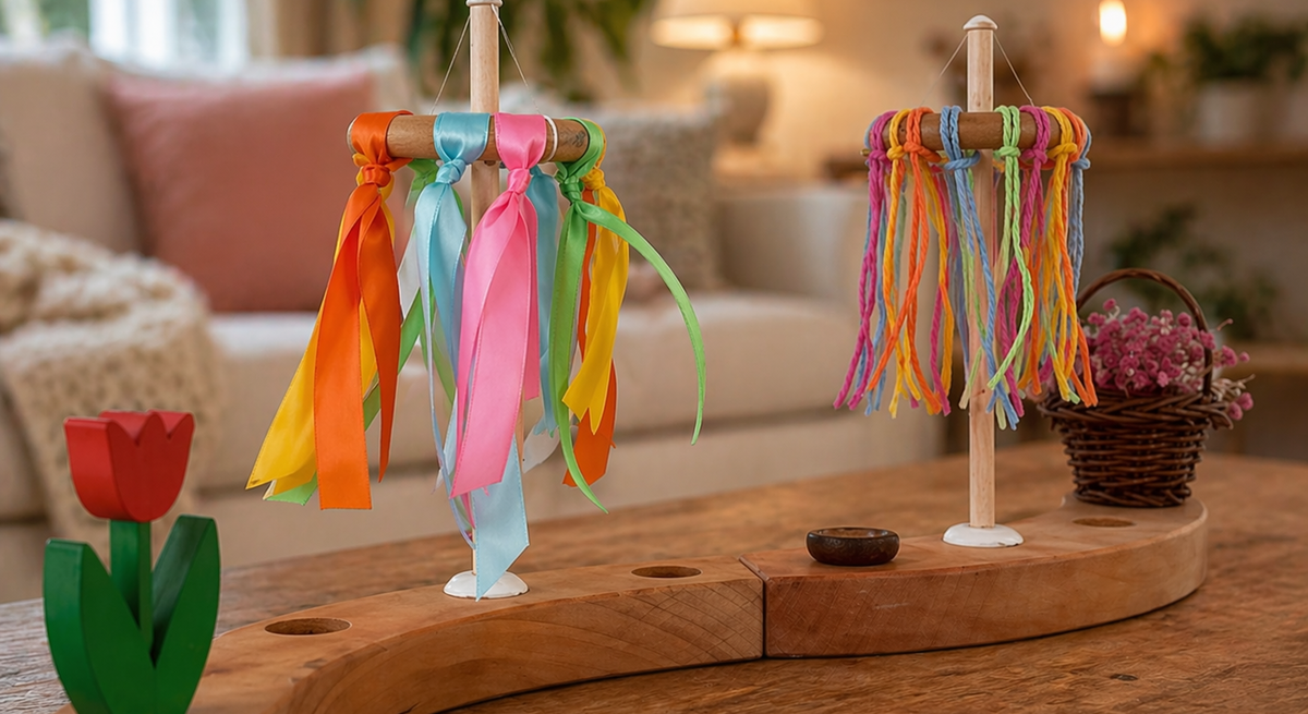 Zwei Mini-Maibäume mit bunten Bändern und Garnsträngen auf einem Holztisch in einem gemütlichen Wohnzimmer. Daneben eine rote Holztulpe und ein Blumenkörbchen.