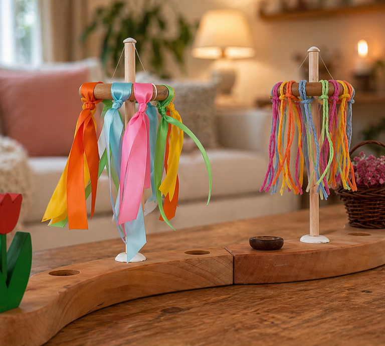 Zwei Mini-Maibäume mit bunten Bändern und Garnsträngen auf einem Holztisch in einem gemütlichen Wohnzimmer. Daneben eine rote Holztulpe und ein Blumenkörbchen. | © Erstellt mit KI (Generiert mit ChatGPT) 