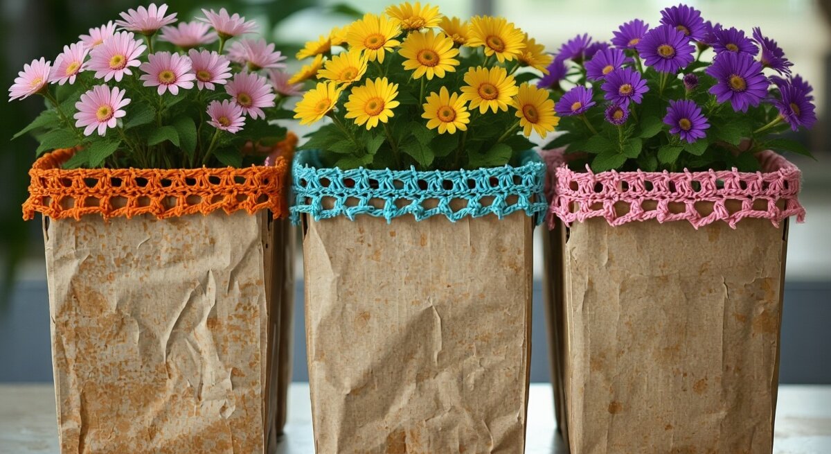 Drei kleine Blumenarrangements in Tetra Paks mit farbigem Häkelbordüren, dekorativ vor grünlich verschwommenem Hintergrund.